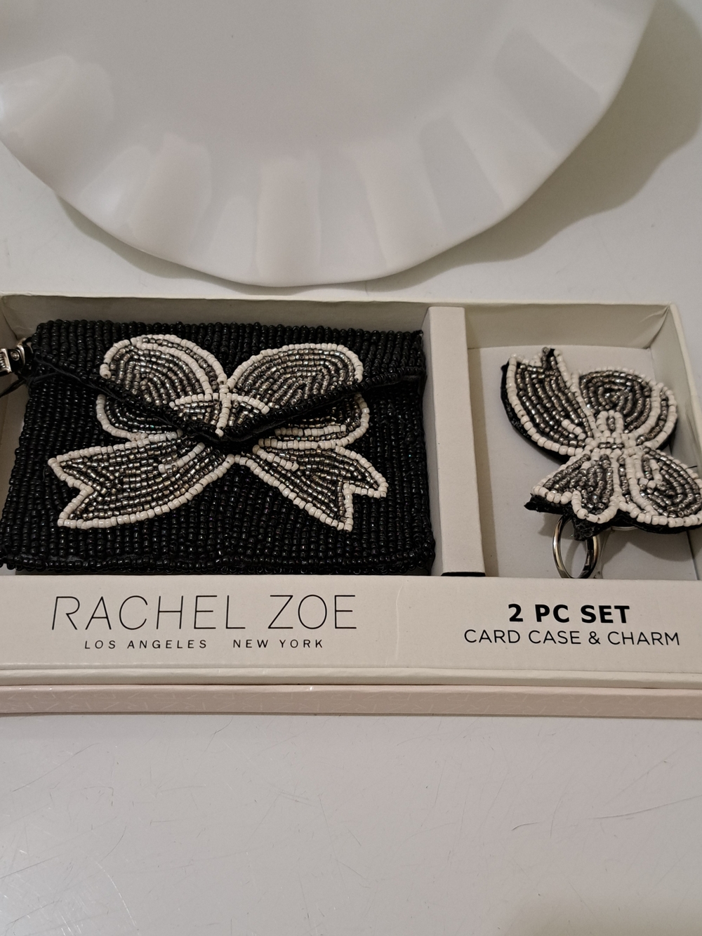 Rachel Zoe Black & White Beaded Card Case and Key Charm Set